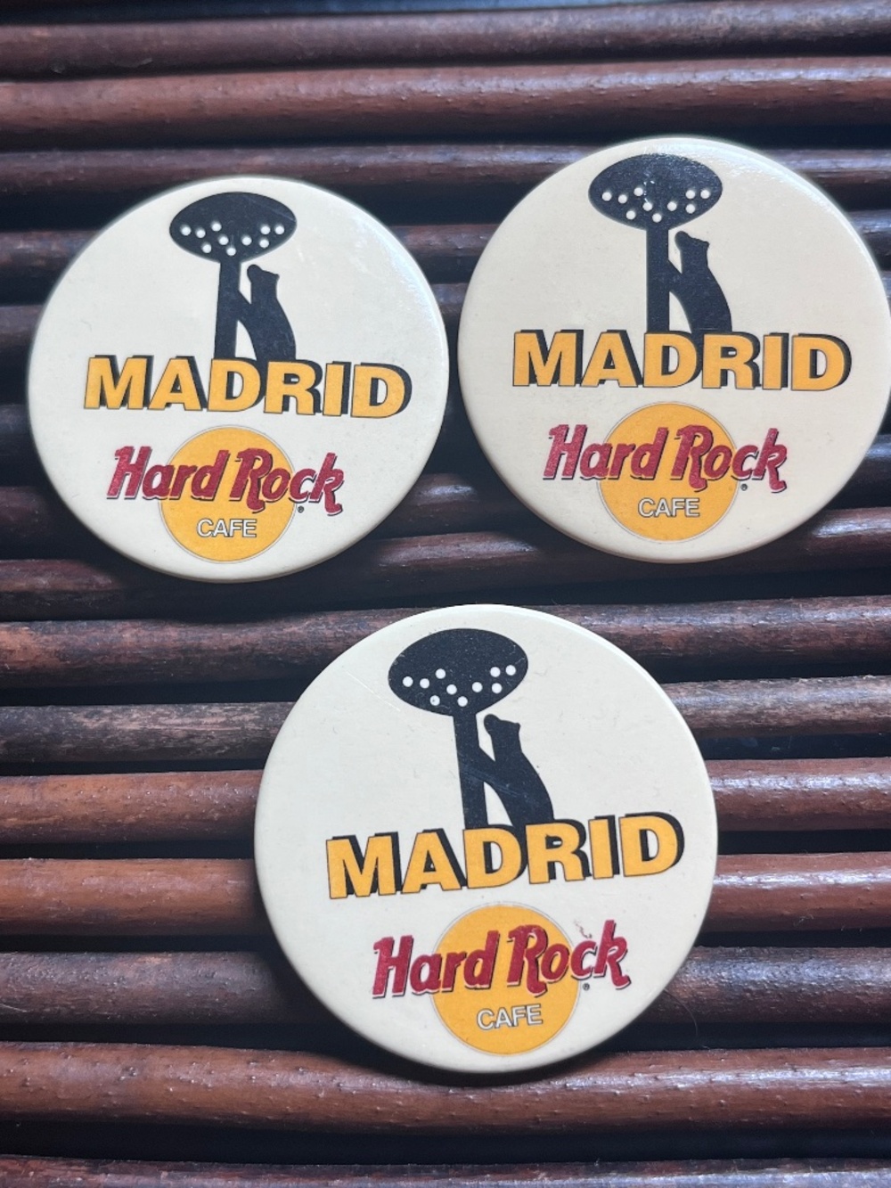 Vintage Hard Rock Cafe Madrid Pin Button Set of 3 Bear Tree Logo